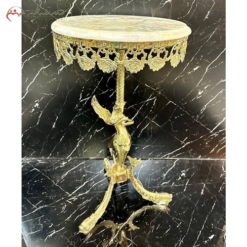 میز خاطره برنزی طلایی رنگ طرح فرشته و شاه ماهی، صفحه سنگی مرمر اعلاء