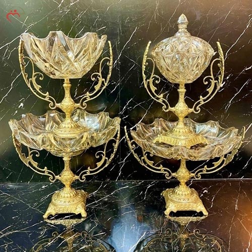 ست پذیرایی برنزی میوه خوری آجیل و شکلات خوری به رنگ طلایی با بدنه کریستال طرح امگا قالب دایکاست - هنرظریف