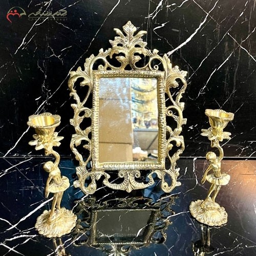 آینه و شمعدان برنزی طلایی کد 12 طرح برگ درخت و طلایی، سه تیکه با شمعدان کوچک