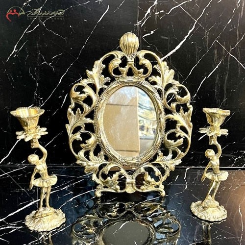 آینه و شمعدان برنزی طلایی کد 12 طرح برگ درخت و طلایی، سه تیکه با شمعدان کوچک - هنرظریف