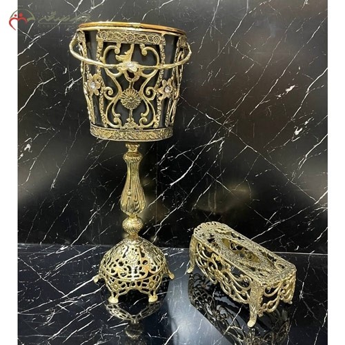 جا دستمال کاغذی و سطل ستونی برنزی در طرح گل نرگس طلایی رنگ، پایه دار و شیک - هنرظریف