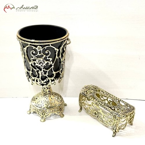 جا دستمال کاغذی برنزی گل رز و سطل پایه دار توری، طلایی رنگ، پر کار و شکیل - هنرظریف