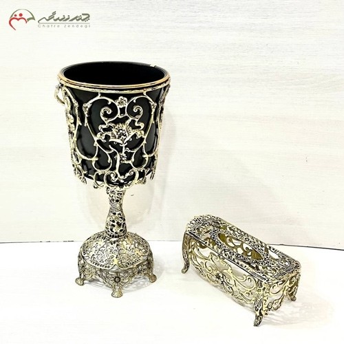 سطل و جا دستمال کاغذی برنزی، پایه توری در طرح گل رز و شیپوری برجسته، بسیار شیک و زیبا