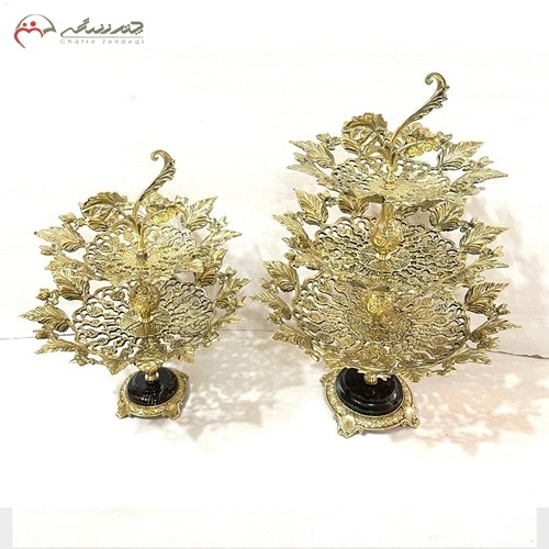 میوه خوری برنزی 3 طبقه و 2 طبقه مدل برگ پر نقش با پایه سنگی، کیفیت اعلاء