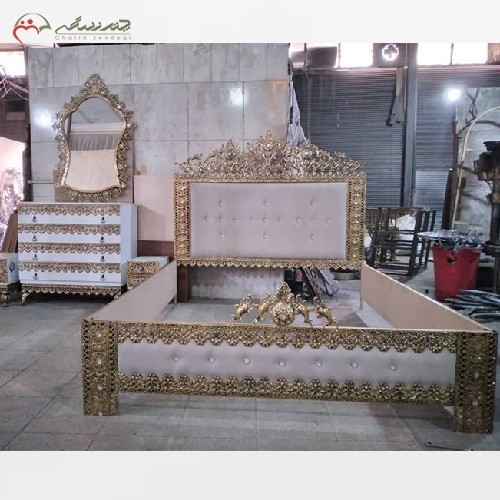 سرویس خواب دو نفره برنزی شامل تخت و آینه و کنسول با رنگ بندی و طراحی متنوع، بسیار شیک - هنرظریف