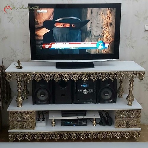میز تلویزیون برنزی چهار کشو تسمه جدید، صفحه ام دی اف، طراحی جدید و زیبا - هنرظریف