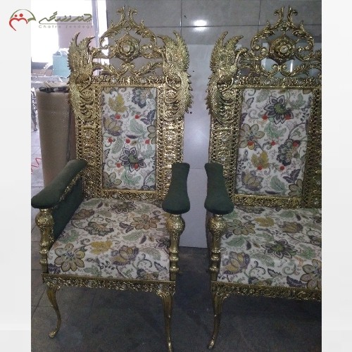 مبلمان برنزی 7 نفره، مدل تسمه دو نگین با طراحی زیبا و پایه های بلند و حلزونی، کیفیت فوق العاده