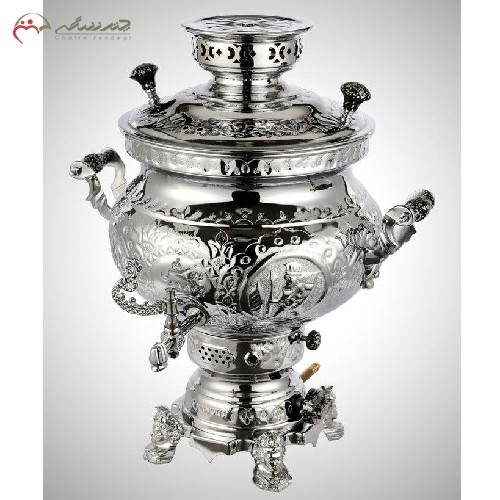 سماور گازی برنجی 6 لیتری با آبکاری کروم و نیکل، دارای شیر گاز استاندارد، بادوام