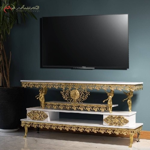 میز تلویزیون برنزی سه طبقه دارای دو کشو با صفحه ام دی اف،طراحی بی نظیر - هنرظریف