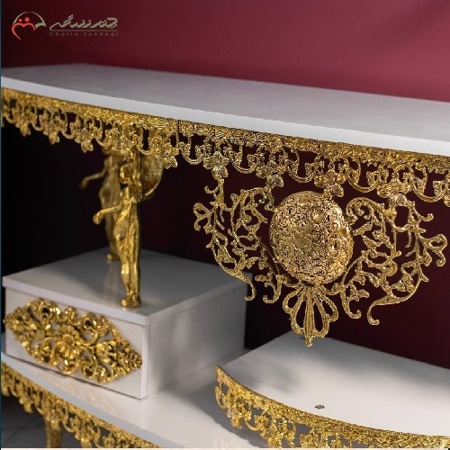 میز تلویزیون آلیاژی طرح هلالی با صفحه ام دی اف و رنگ طلایی و ضمانت کیفیت - هنرظریف