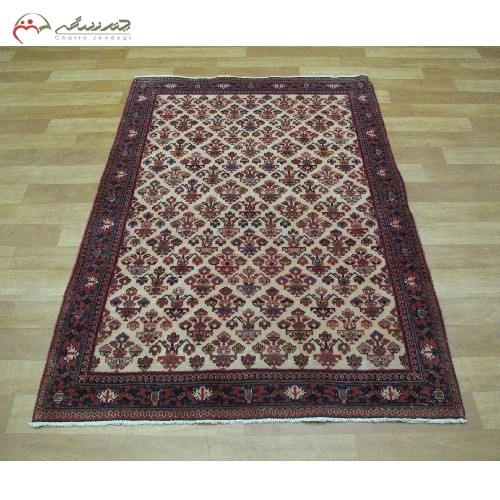 فرش دستبافت میمه کد 39441 با الیاف طبیعی طرح زیبای ذرع و زمینه کرم رنگ و حاشیه ی سرمه ای - هنرظریف