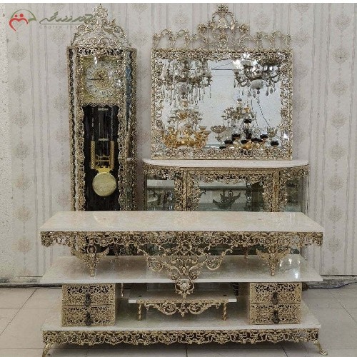 سروس سه پارچه ی تمام برنزی  کد 8031 سنگین وزن، رنگ اعلاء با مدل گل سرخ کار شده، درای ضمانت - هنرظریف
