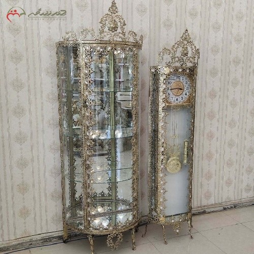 ست ساعت ایستاده با زمینه سفید و بوفه نیم گرد برنزی کد 8006، طرح زیبای گل آفتابگردان - هنرظریف