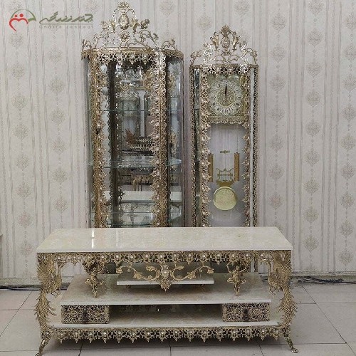سرویس 3 پارچه جهیزیه برنزی، میز تلویزیون طاووس دار، طرح گل آفتابگردان با ضمانت ثبات رنگ - هنرظریف