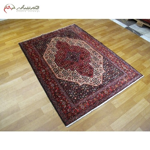 فرش دستبافت سنندج کد 40109 با نقشه لچک و ترنج و رنگ زمینه ی کرمی و حاشیه های لاکی - هنرظریف