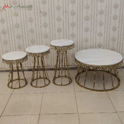 سروس میز عسلی های برنزی با صفحه چوبی در طرح سنگ وکیوم شده، دارای آبکاری فورتیک با کیفیت بی نظیر