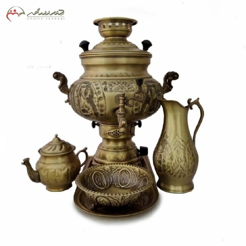 سرویس سماور گازی برنجی 8 لیتری کد 113 در طرح شهرزاد با رنگ آنتیک بسیار زیبا همراه با ضمانت - هنرظریف