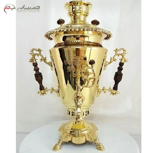 سماور  8 لیتری زغالی برنجی ورق 1.5 میل، مدل زیبای تراش کد 114 و پایه های مشبک و دسته های طرح شاخ - هنرظریف