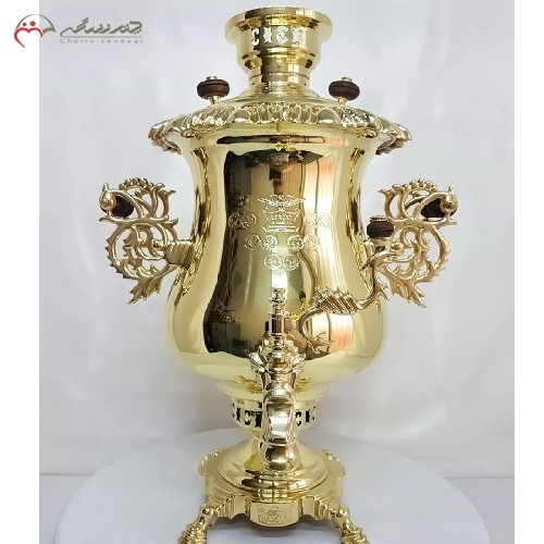 سماور شکیل و براق 8 لیتری زغالی برنجی با بدنه ی ریخته گری شده کد 114 در دو رنگ آنتیک و طلایی، مدل کاپ گرند، دارای گارانتی - هنرظریف