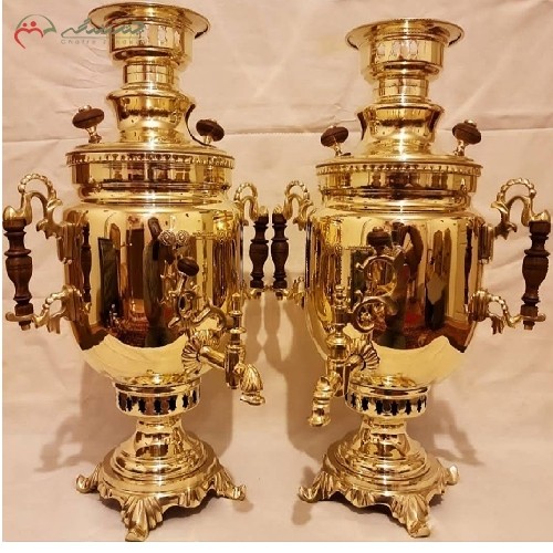 سماور ذغالی مسی ریخته گری شده کد 114، مدل نظر و دسته های طرح دلبر با رنگ طلایی و ضمانت، شیک و درخشان