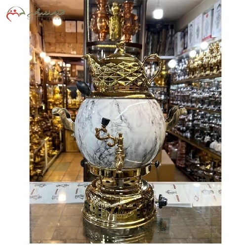 سماور زیبای 4 لیتری برنجی گازی کد 114 دارای روکش سرامیکی در طرح توپی قابل استفاده به صورت زیر کابینتی - هنرظریف