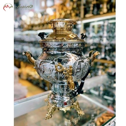 سماور 6 لیتری برقی برنجی ورق 0.8 میل کد 116 قلم زنی شده، در دو رنگ با روکش کروم و ضمانت یک ساله - هنرظریف