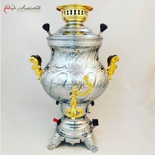 سماور گازی استیل 4.5 لیتری با بدنه ی طلایی و نقره ای، کد 116 کیفیت بی نظیر - هنرظریف