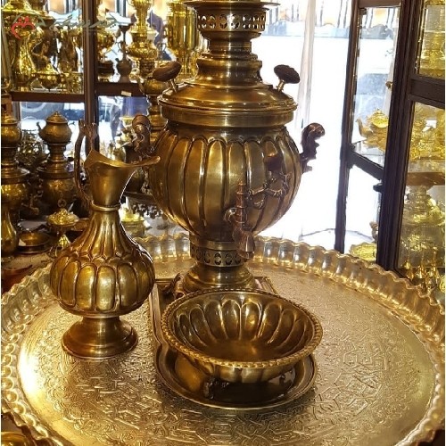 سرویس کامل سماور برنجی 4 لیتری مدل ترکدار با رنگ آنتیک و متریال ساخت درجه یک، بسیار زیبا و کارامد