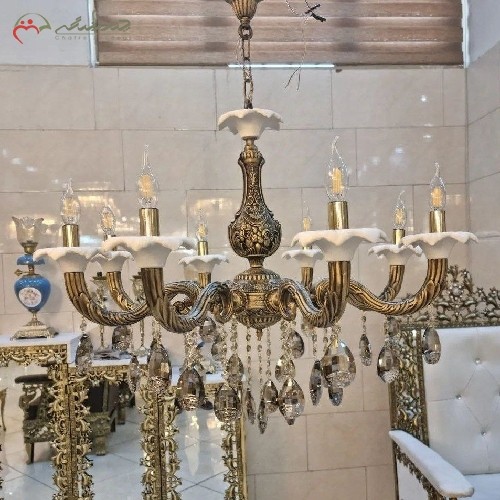 لوستر برنزی پر کار  8 شاخه با سرشاخه سرامیکی، رنگ آنتیک، شکیل و ساده - هنرظریف