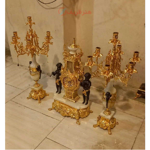 ساعت و شمعدان خروسی برنزی مدل عروسک بزرگ با سنگ مرمر اصل