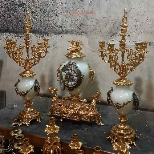 ساعت و شمعدان برنزی کوزه ای، تمام برنز با سنگ مرمر اصل