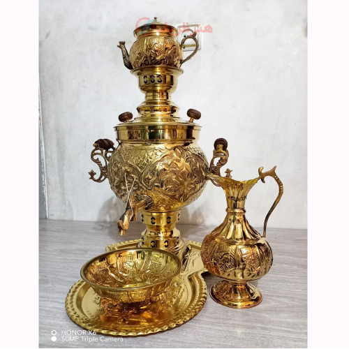 سرویس 5 پارچه سماور زغالی برنجی شش لیتری با کیفیت درجه یک