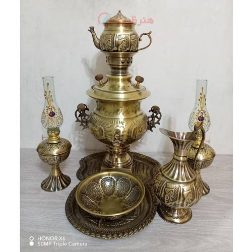 سرویس 7 پارچه سماور زغالی برنجی 6 لیتری در دو رنگ طلایی و آنتیک
