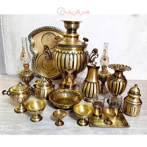 سرویس 16 پارچه سماور ذغالی برنجی 6 لیتری، طرح خطی