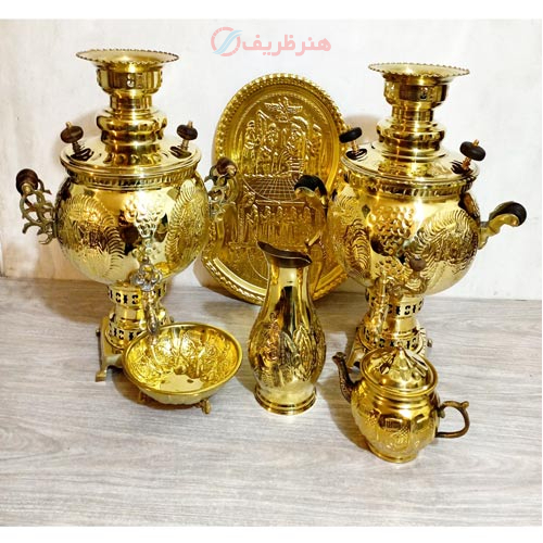 سرویس سماور ذغالی 6 لیتری طلایی، در دو مدل دسته شاخ و توری