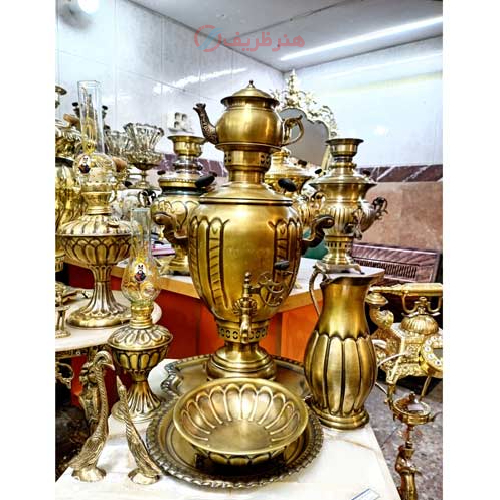سرویس سماور ذغالی برنجی، 5 لیتری، تخم مرغی، طرح آینه زنجیری
