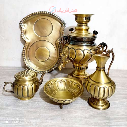مشخصات ست 5 پارچه سماور ذغالی، 3 لیتری، عدسی آینه پیچ، کار سنگین با ورق ضخیم | هنرظریف