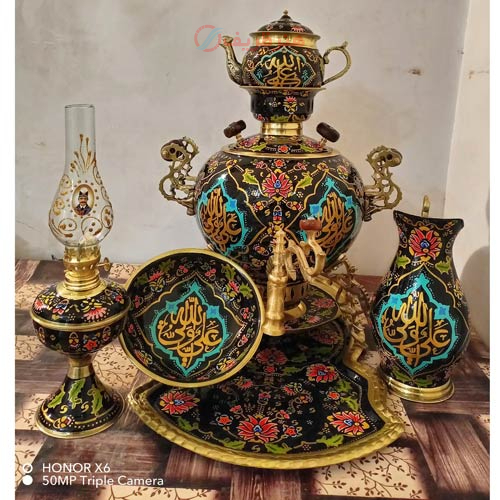 سرویس سماور ذغالی برنجی میناکاری 6 لیتری، طرح روس 3 پایه