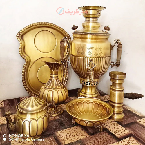 سرویس 6 پارچه سماور ذغالی برنجی 6 لیتری، نظر دسته کاپ، طرح آینه ریز