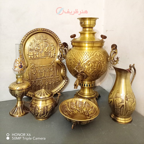 مشخصات ست 6 پارچه سماور ذغالی، 8 لیتری، توپی، قلم فرش اعلاء، قالب بزرگ و بسیار زیبا با پایه خرچنگی | هنرظریف