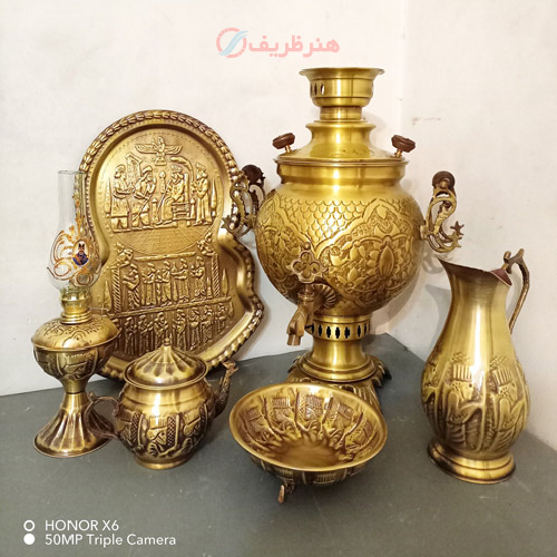 سرویس 6 پارچه سماور ذغالی برنجی 8 لیتری توپی، قلم فرش اعلاء