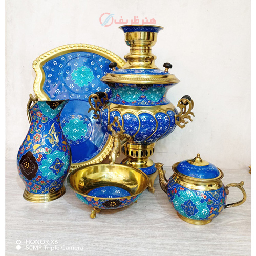 خرید سرویس سماور ذغالی میناکاری، 4 لیتری، استکانی ورق ضخیم، تلفیق هنر میناکاری و قلم تراش | هنرظریف