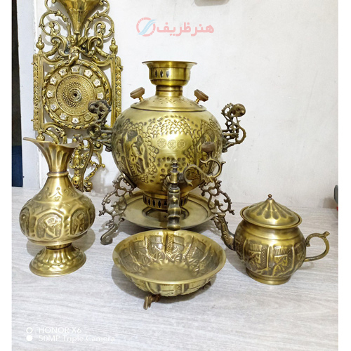 سرویس کامل سماور ذغالی برنجی، 3 پایه، 6 لیتری، ورق ضخیم