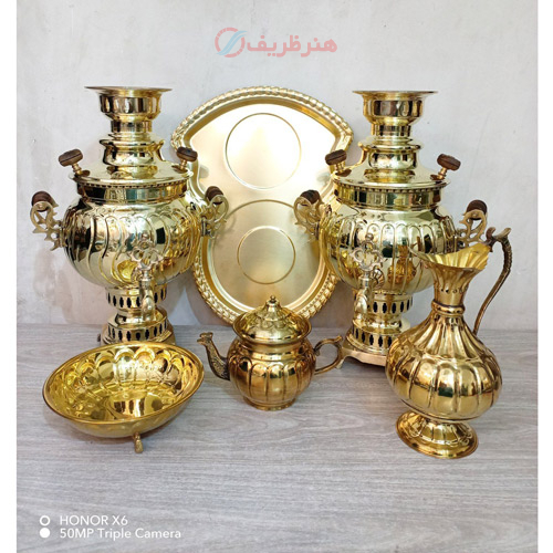 خرید ست 5 پارچه سماور ذغالی، سماور 3 لیتر توپی آینه ریز و پیچ ماری | هنرظریف