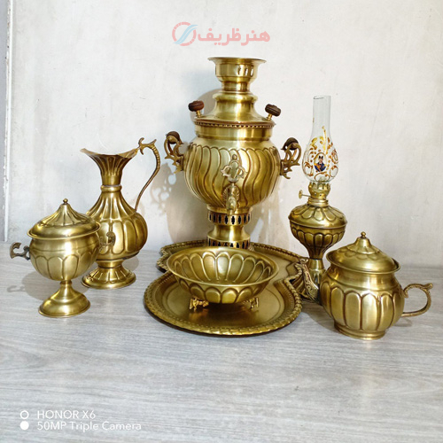 سرویس 7 پارچه سماور ذغالی برنجی 3 لیتری، توپی آینه پیچ با کیفیت