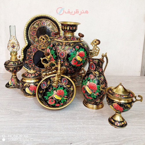 مشخصات ست 7 پارچه سماور ذغالی، 3 پایه طرح روس سنگین، میناکاری گل و مرغ تمام نقاشی | هنرظریف