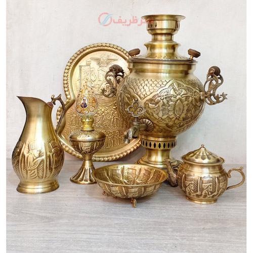 سرویس 6 پارچه سماور ذغالی برنجی 6 لیتری، قلم فرش دسته توری، دارای مهر روسی