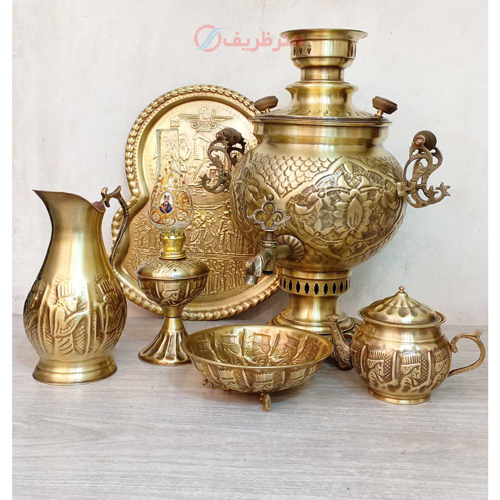خرید ست 6 پارچه سماور ذغالی، 6 لیتری، قلم فرش دسته توری، دارای مهر روسی در درب و بدنه | هنرظریف