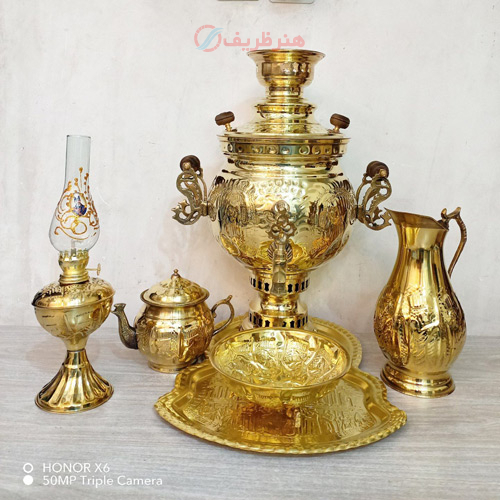 خرید ست 6 پارچه سماور ذغالی، 6 لیتری، قلم شیر دسته توری، دارای مهر روسی در درب و بدنه | هنرظریف
