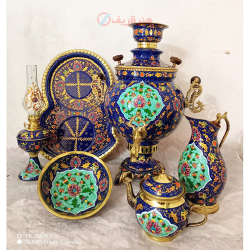 سرویس 6 پارچه سماور ذغالی برنجی میناکاری 6 لیتری، دسته ماری
